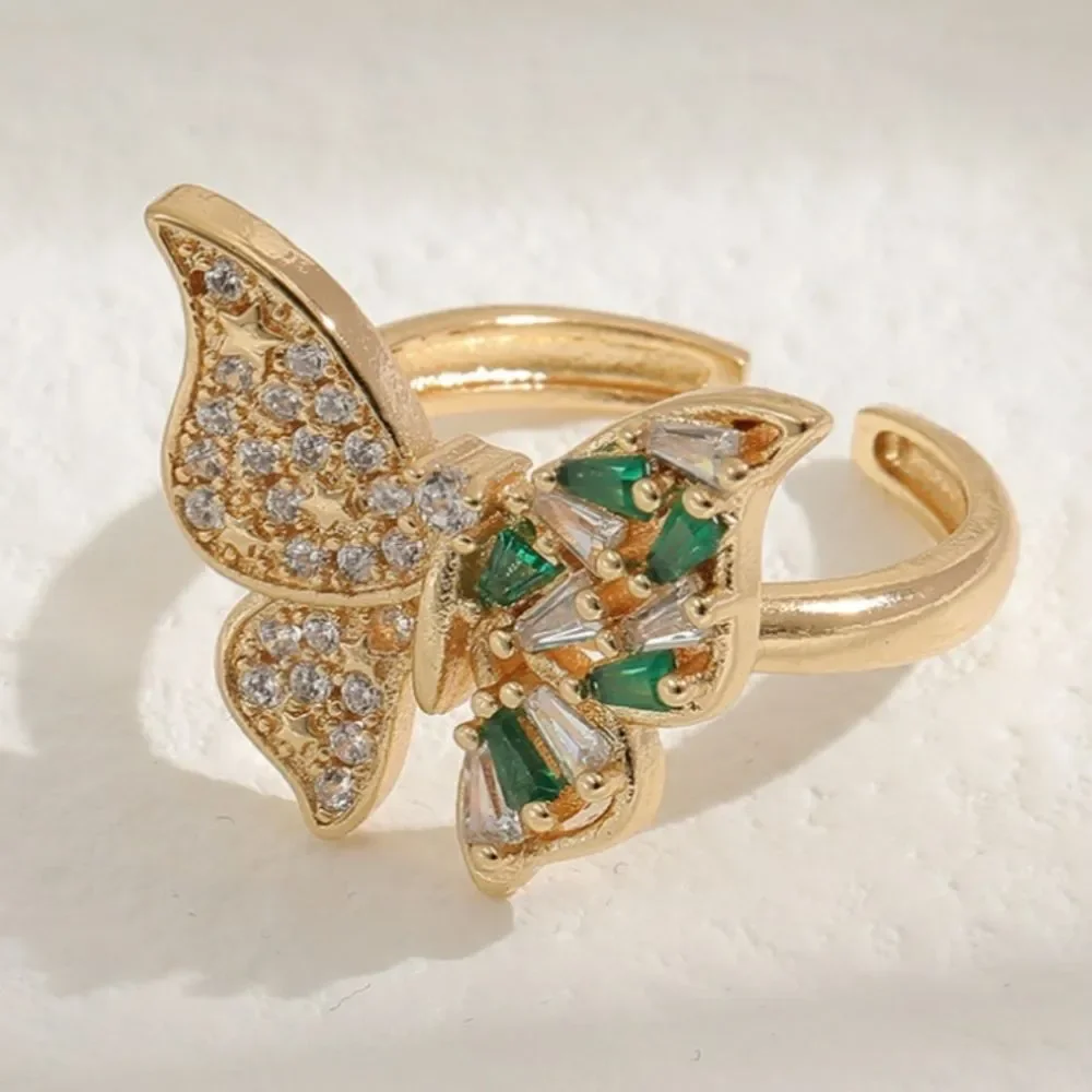 SEE NEW LISTING Butterfly Ring With Green Zircon & Rhinestones In Gold Tone - Picture 6 of 10